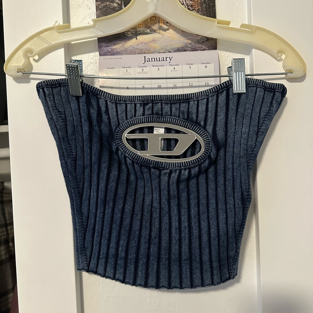 Diesel Navy Ribbed Crop Top with Metal Logo Cutout